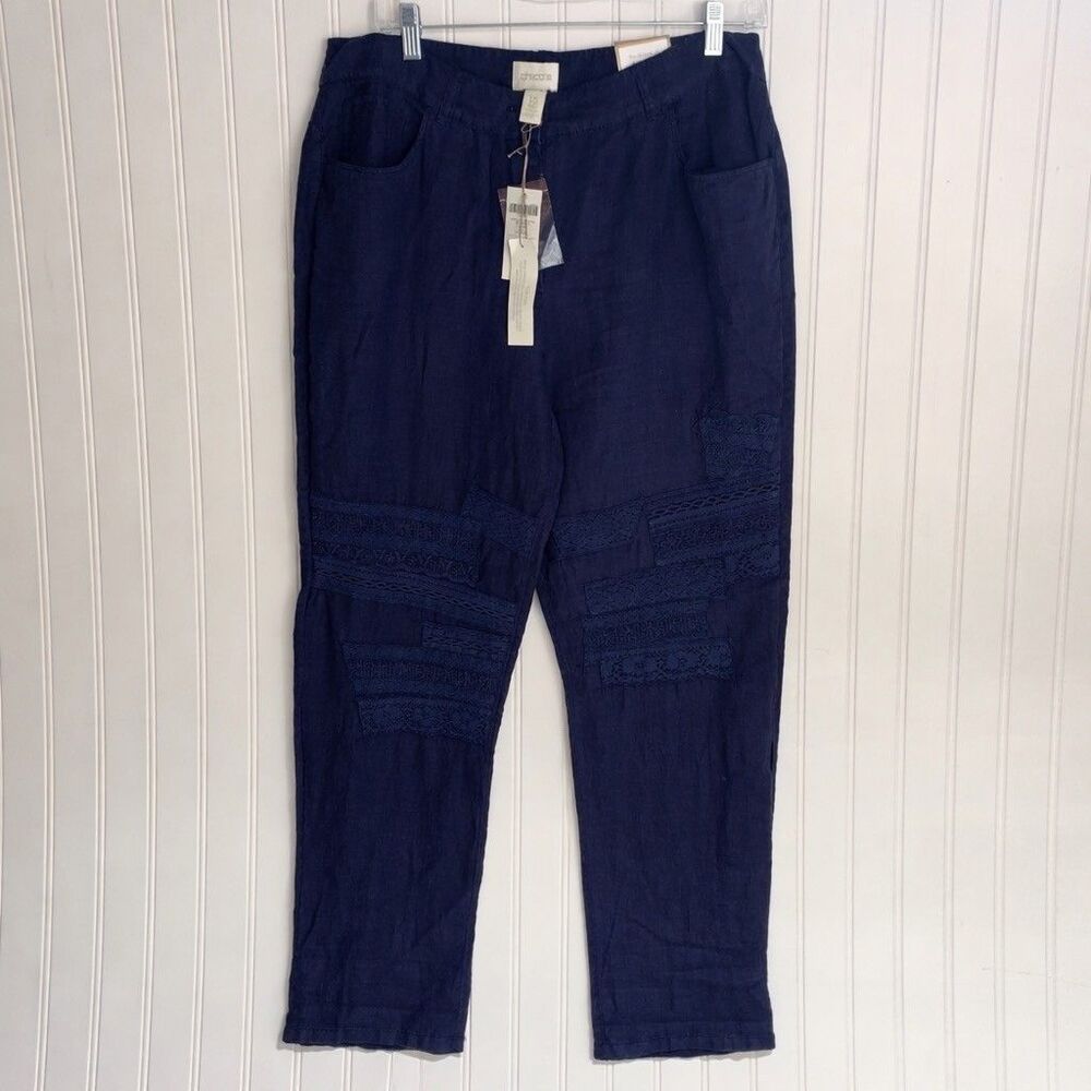 Chico's Linen Lace Patchwork Blue Skimmer Crop Pants Womens Size 1.5 US 10 M NWT